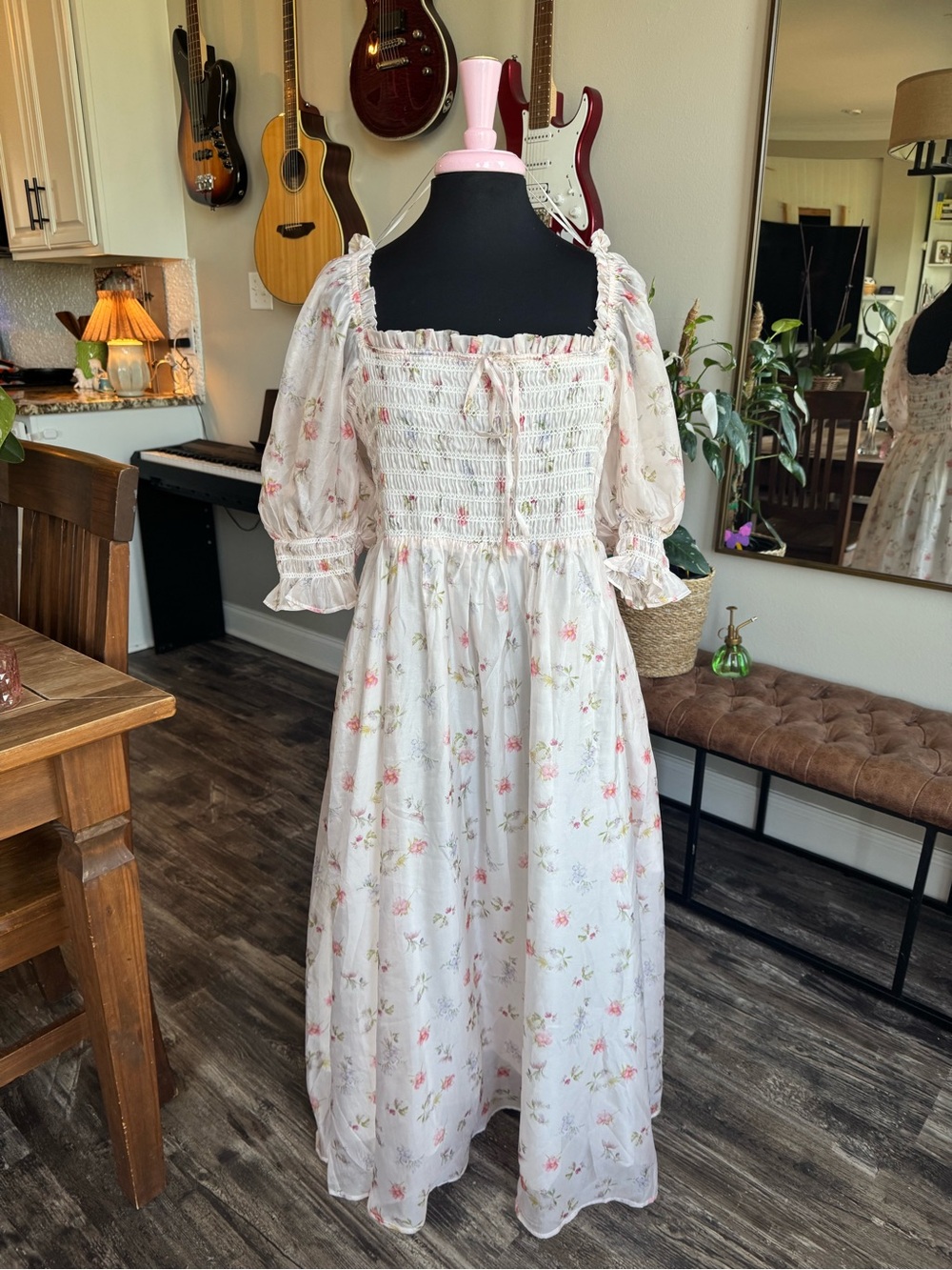 Floral Smocked White Maxi Dress with Puff Sleeves